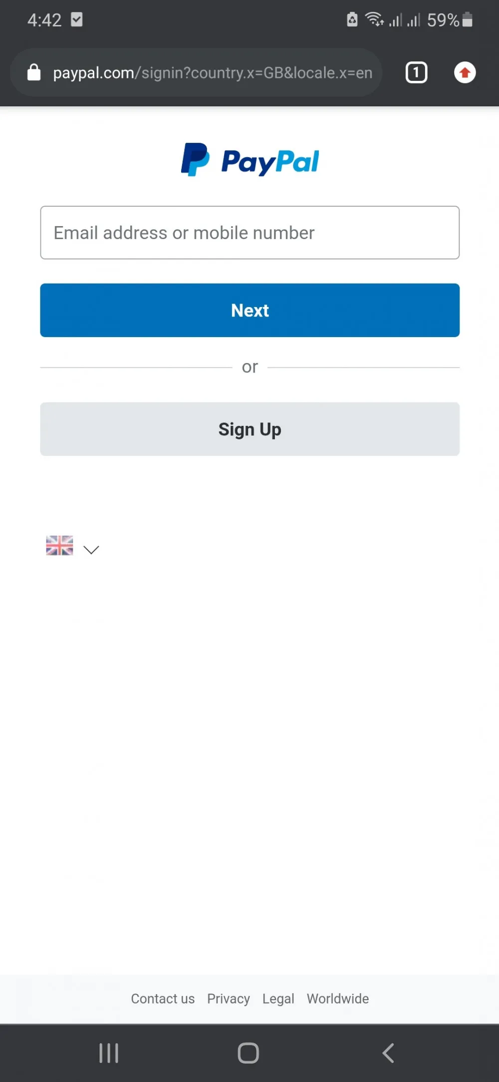 PayPal mobile site login